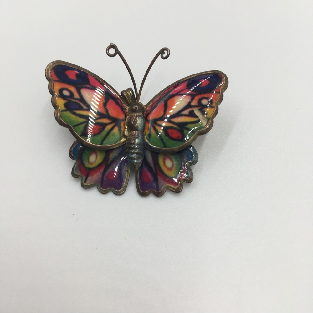 Butterfly brooch and pendant. Bronze gold tone Green pink red vintage